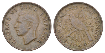 Новая Зеландия 1 пенни 1944 Георг VI (1936-1952), новозеландский туи KM 13 бронза    4403-1224