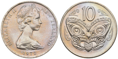 Новая Зеландия 10 центов 1970 Елизавета II (1952-2022), маска маори KM 41.1 медно-никель  UNC  4182-1236