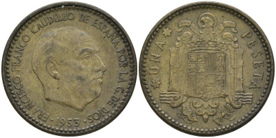 Испания 1 песета 1953 (56) Франсиско Франко (1939-1975) KM 775 алюминиевая бронза 4171-437