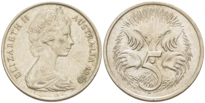 АВСТРАЛИЯ 5 ЦЕНТОВ 1979 ЕЛИЗАВЕТА II, МОЛОДОЙ ПОРТРЕТ, ЕХИДНА KM 64 медно-никель UNC 3851-1131
