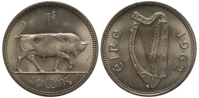 ИРЛАНДИЯ 1 ШИЛЛИНГ 1962 БЫК KM 14a медно-никель aUNC 272-321