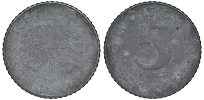 Австрия 5 грошей 1953 KM цинк 4164-326