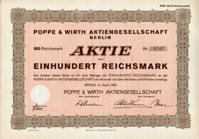 Германия 100 рейхсмарок 1928 Акционерное общество "Поппе и Вирт", Берлин, акция   бумага   8803-67-1
