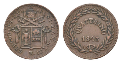 Папская область 1 кваттрино 1843 R, Григорий XVI (1831-1846) KM 1318 медь 633-221