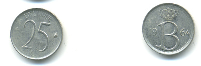 Бельгия 25 сантимов 1964 Belgique, Бодуэн I (1951-1993) KM 153.1 медно-никель 83-336