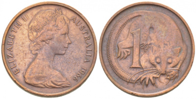 АВСТРАЛИЯ 1 ЦЕНТ 1966 ЕЛИЗАВЕТА II, МОЛОДОЙ ПОРТРЕТ, ОПОССУМ КМ 62 бронза 3955-448