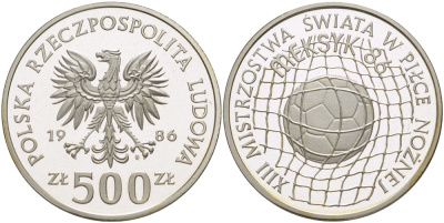 Польша 500 злотых 1986 MW, чемпионат мира по футболу в Мексике 1986 года, мяч в сетке ворот, тираж 16000 экземпляров KM 225, Parchimowicz 326 серебро PROOF 1085-1-72