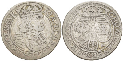 ПОЛЬША (ЛИТВА) 6 ГРОШЕЙ 1661 GBA, ЯН КАЗИМИР (1649-1668) KM 91 серебро 3896-1513