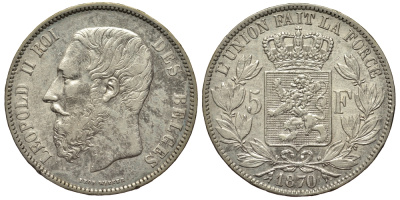Бельгия 5 франков 1870 Леопольд II (1865-1909) KM 24 серебро 1529-1043